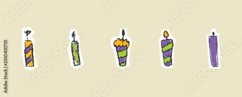 Birthday Candles Sketchy Doodle Vector Set Hand-Drawn Colorful Party Candle Clip Art Elements