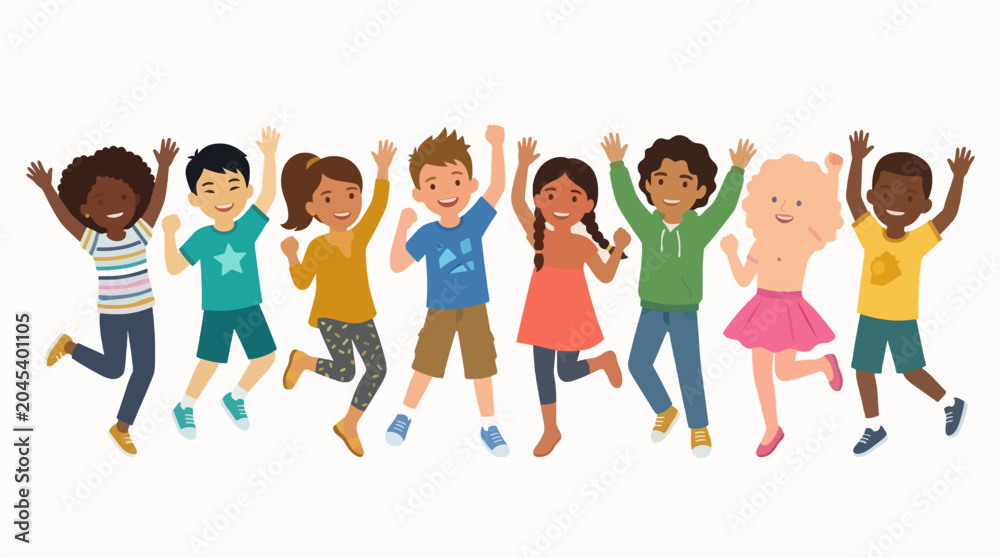 Obraz premium Diverse Happy Children Jumping Flat Illustration Vector Graphic For Commercial Use