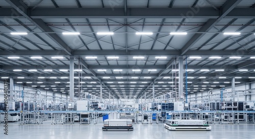 Modern automated factory floor with autonomous mobile robots amrs moving along a production line in a large, hightech industrial warehouse facility