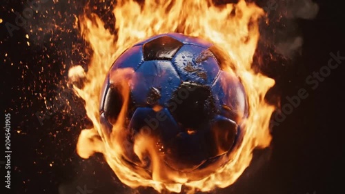 Soccer ball on fire with flames and sparks flying 4k video