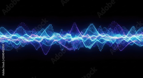 Abstract visualization of flowing digital waves composed of millions of luminous particles, glowing in neon blue and violet light trails, background, software, waves