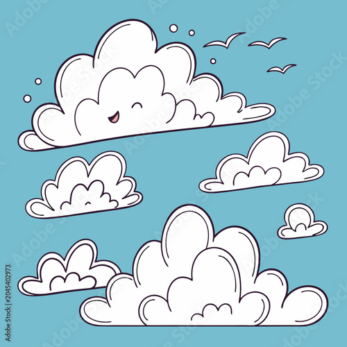 Photos Cute cartoon clouds with happy faces and birds flying in a bright blue sky, repr