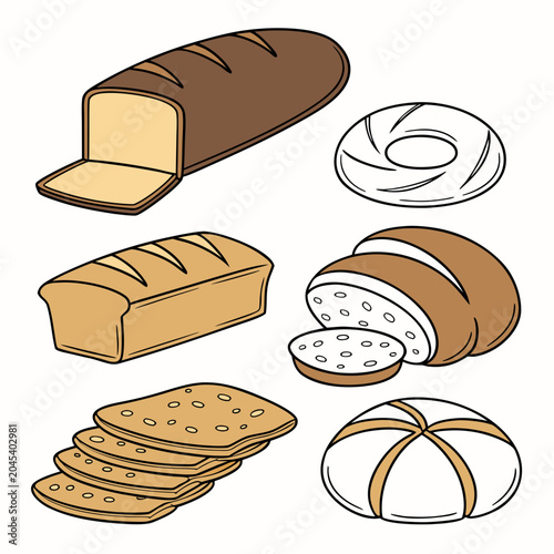 Bild auf Leinwand Assortment of various types of bread and pastries depicted in a flat design styl