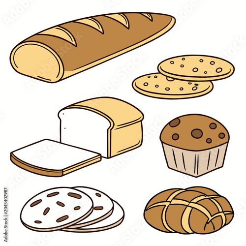 Bild auf Leinwand Variety of baked goods including loaves bread, muffins, cookies, and rolls in a