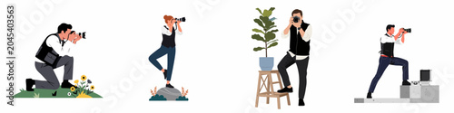 Collection of diverse professional photographers in various poses and environments, including kneeling, balancing on rocks, and using a stepladder, flat vector illustration.