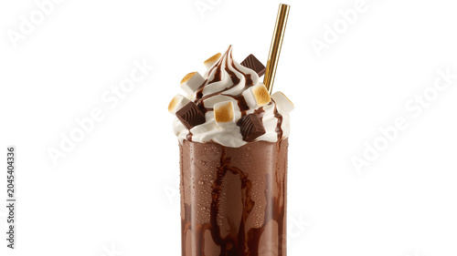 Close-up of a chocolate milkshake with whipped cream marshmallows and chocolate pieces