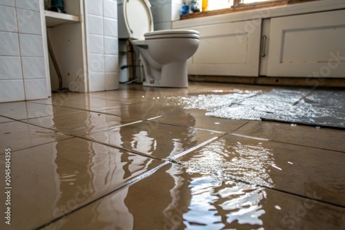 Wet tile floor reflects light in a bathroom