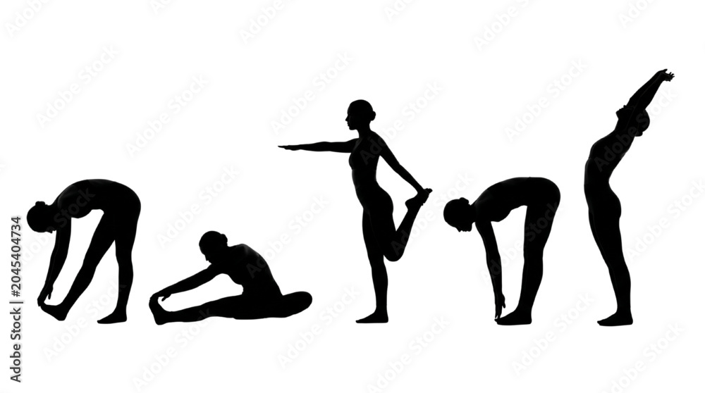 Obraz premium Flexibility and Stretching Silhouette Set with People Practicing Yoga Poses and Warmup Exercises