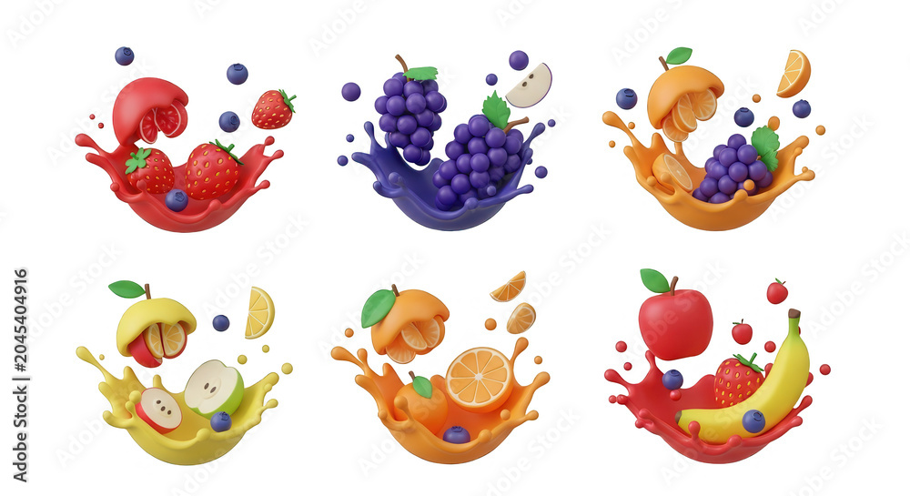 Obraz premium 3d render of fruit splashing different types on a white background food or beverage visuals