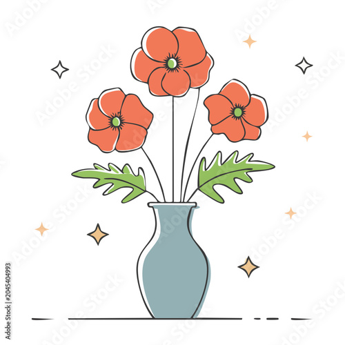 Flat design illustration of orange poppy flowers in a blue vase