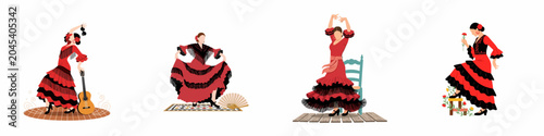 Set of four elegant flamenco dancer illustrations in traditional red and black costumes performing various Spanish dance poses isolated on white.