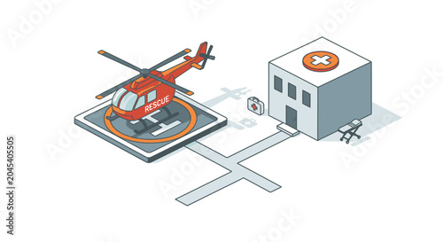 Slika na platnu Red helicopter on a helipad next to a building.