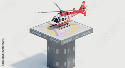Red helicopter on building rooftop landing pad.
