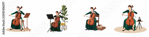 Tableau sur toile Flat vector illustrations set of a female cellist in a green dress playing the cello in various indoor settings