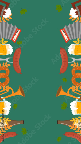 Traditional Oktoberfest Festival Frame Background with Beer and Pretzels on Green