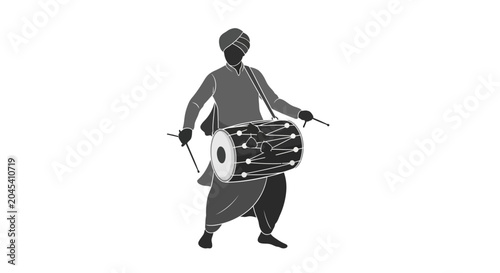 Konstfotografi Silhouette of a traditional Indian dhol player performing music.