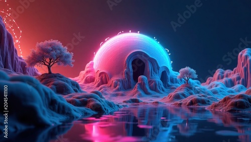Alien planet landscape with glowing dome and trees alien landscape futuristic