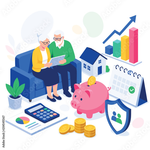 Elderly Couple Planning Finances with Calculator and Piggy Bank Surrounded by Growth Charts and Documents