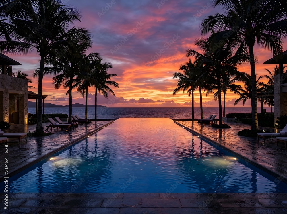 Obraz premium Luxury Resort Infinity Pool at Colorful Sunset
