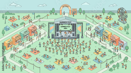 Summer Music Festival with Concert Stage Crowd and Food Stalls