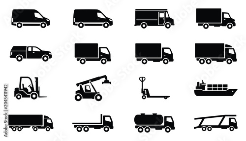 Fotografie Delivery fleet and commercial transport premium flat black vector icon set featu