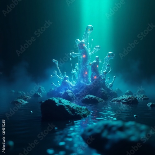 Bioluminescent alien organism emerging from dark water alien life underwater