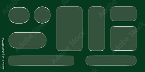 Glass buttons. Realistic 3D glass transparent button set, round, square and rectangle frame with glare, flat glass or plastic plate, flat transparent glass lens, realistic screen glass.