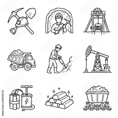 Mining Industry Icons Set With Tools Equipment And Resources.
