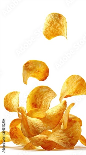 Crispy potato chips flying and falling against a clean white background
