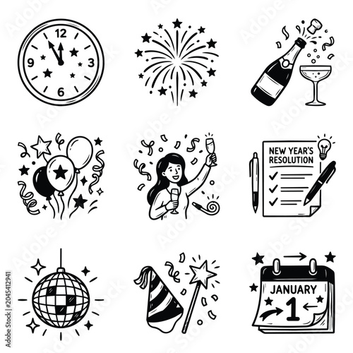 New Year Celebration Icons Collection Doodle Style.