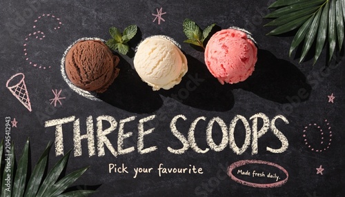 Flat lay of three ice cream scoops on blackboard surface