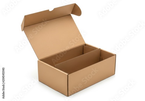 Open cardboard box with lid folded back isolated on white background