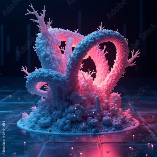 Bioluminescent coral structure with pink and blue illumination glowing