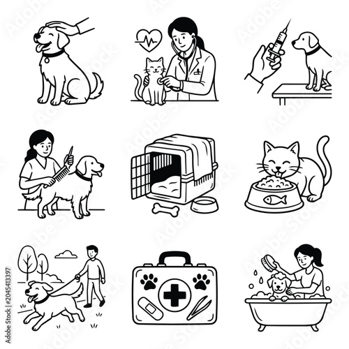 Veterinary Care and Pet Services Icons Set.