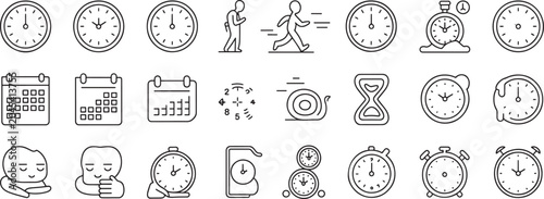 Valokuva Clocks Time Management Icons Set with Alarm, Stopwatch, Calendar, and Hourglass