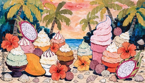 Colorful tropical beach dessert illustration with ice cream cones and palm trees on sandy shore