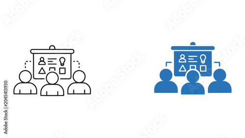Professional business presentation and training workshop icon vector graphic showing team learning and strategy planning with whiteboard analytics for corporate education and development sessions
