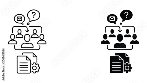 Group members with email and question bubble icon for business communication and support services