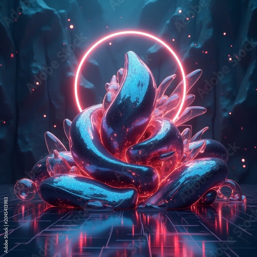 Bioluminescent flora with glowing neon ring abstract image