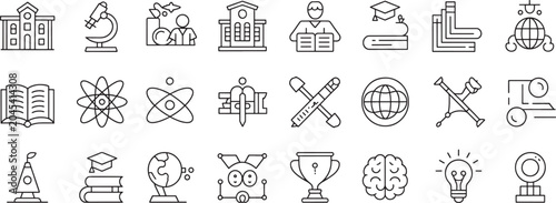 Obraz na płótnie Education Icon Set with School Building, Microscope, Diploma Cap, Globe, Books,