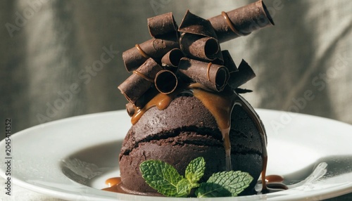 Scooped Dark Chocolate Ice Cream with Chocolate Curls on White Plate