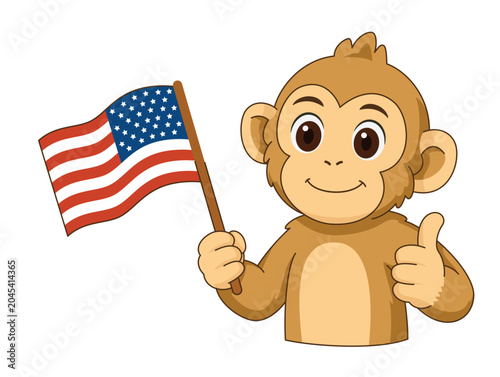 Cute Monkey Holding American Flag with Thumbs Up for Independence Day Vector