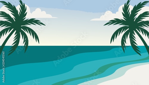 Aerial view of pristine tropical beach with turquoise water and palm trees under clear sky