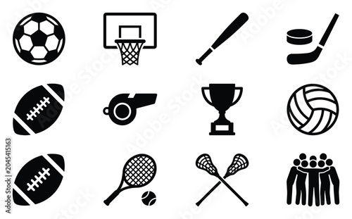 Photos Sports equipment and athletic flat black vector icon set with football, basketba