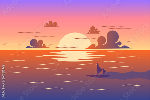 Beautiful flat vector illustration of a tropical ocean sunset. Features a warm orange, purple, and pink sky, a bright sun, calm water waves reflection, fluffy clouds, and a distant sailboat