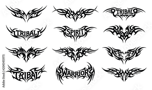 Obraz na plátně Tribal tattoo and warrior emblem flat black vector icon set with winged symbols,