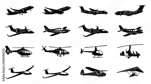 Quadro em tela Aircraft collection and aviation transport flat black vector icon set with comme