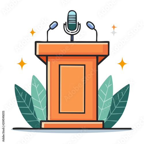 Illustration of a podium with microphones and decorative elements