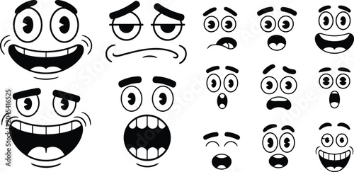 Foto Cartoon facial expressions set featuring fifteen outlined faces with exaggerated