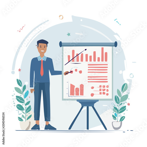 Man in suit presenting business charts on a whiteboard